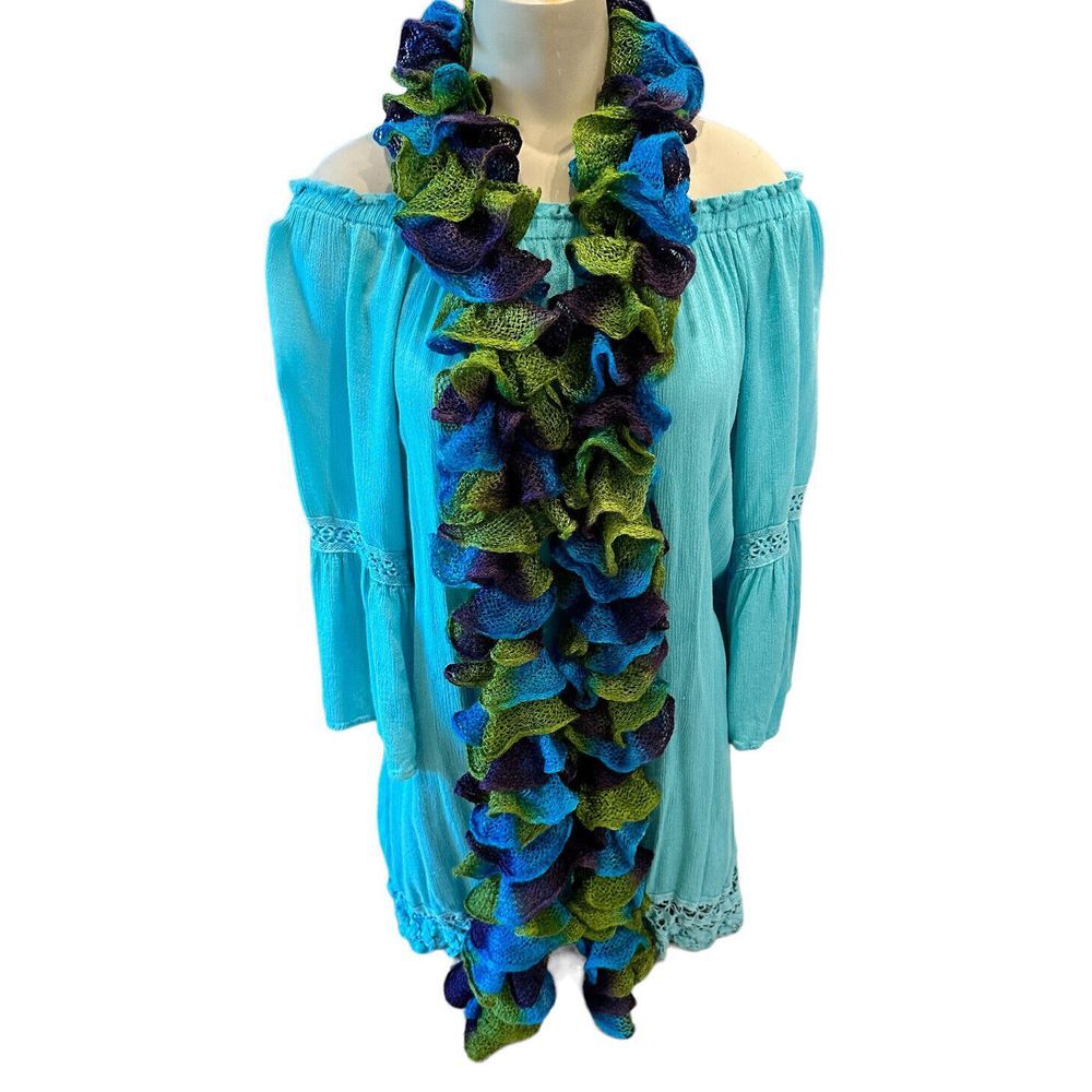 Fancy Ruffeled Scarf 70 Inch Blue Purple Green Flower Lay Spring Party Events